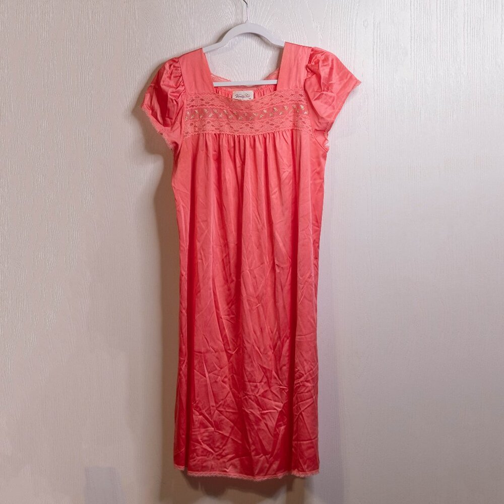 Vintage 70s Vanity Fair Coral Floral Lace Satin Nightgown - Size Medium